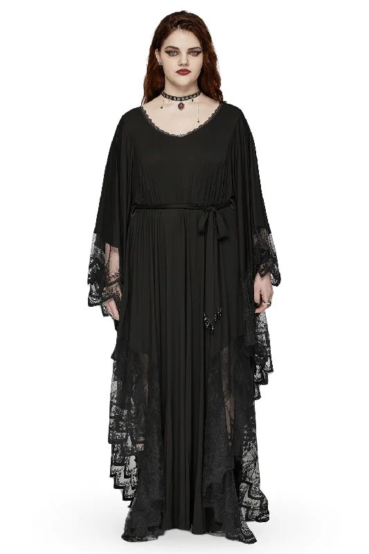 Gothic Style Women's Lace-Spliced Flowing Maxi Dress Elegant Velvet Maxi Dress