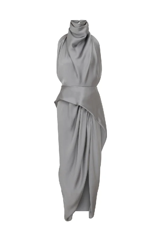 GRAY HALTERNECK SATIN CREPE MAXI DRESS Chic Summer Maxi Dress