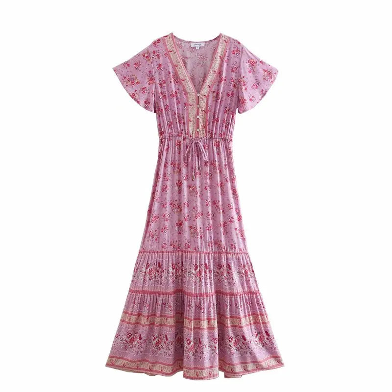 Pink Rosebud Boho Floral Print Maxi Dress Trendy Maxi Dress with Bow