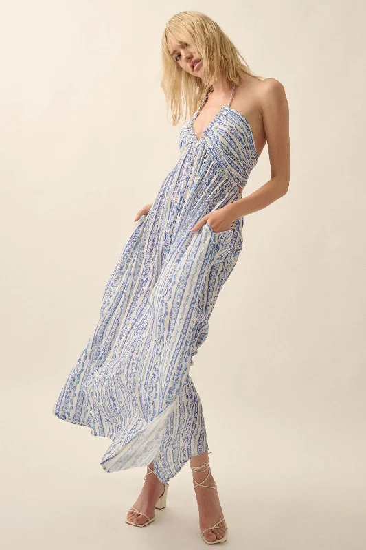 Heavenly Fields Floral-Stripe Halter Maxi Dress Elegant Floral Maxi Dress