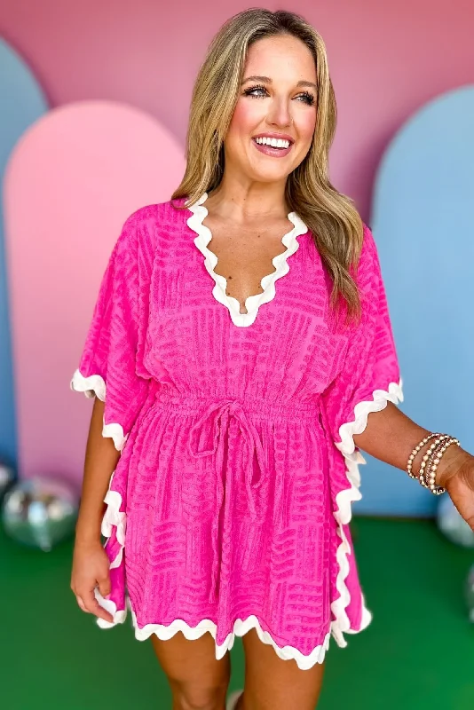 Hot Pink Textured Terry Ric Rac Trim V Neck Elastic Tie Waist Swim Cover Retro-Inspired Bikini Set