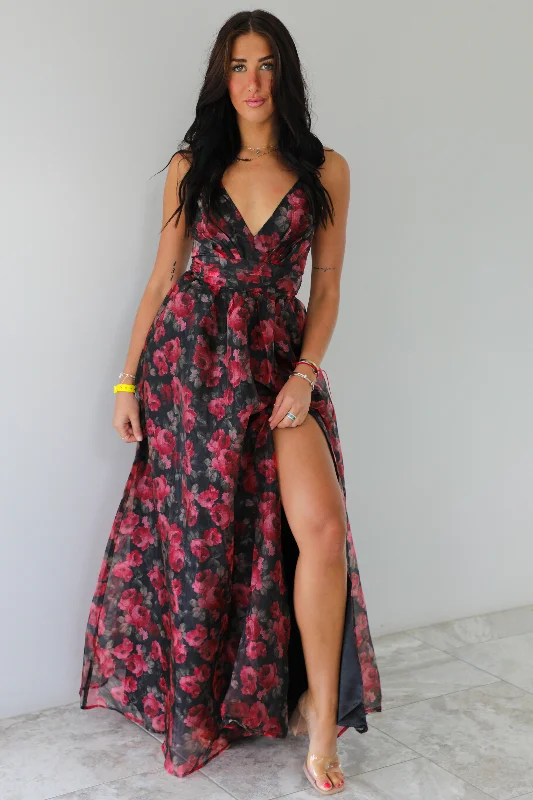 I'm Just Me Maxi Dress: Black/Floral Fashionable Maxi Dress with Fringe