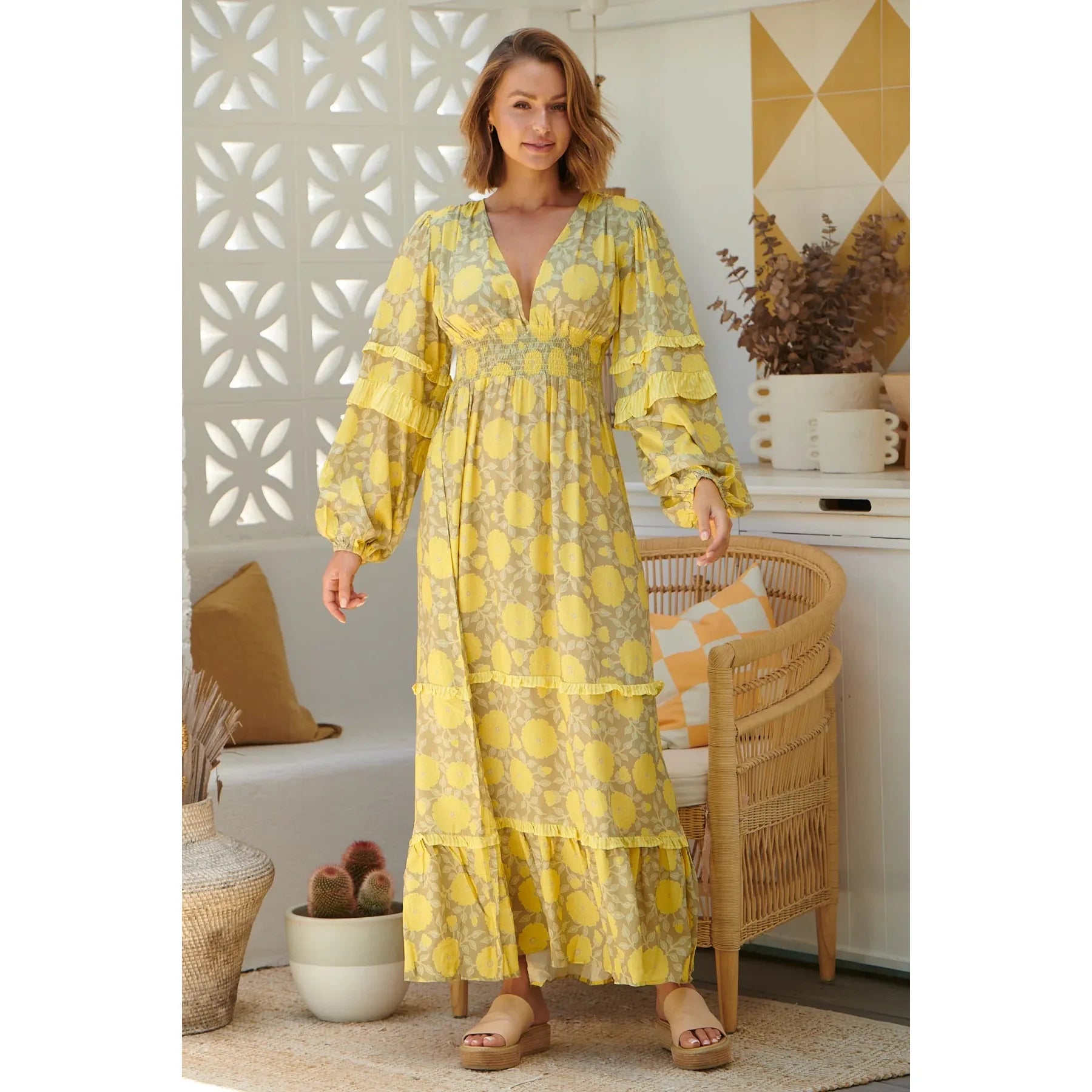 JAASE Womens Brighton Print Mallee Long Sleeve Maxi Dress - Yellow Fashionable Sleeveless Maxi Dress