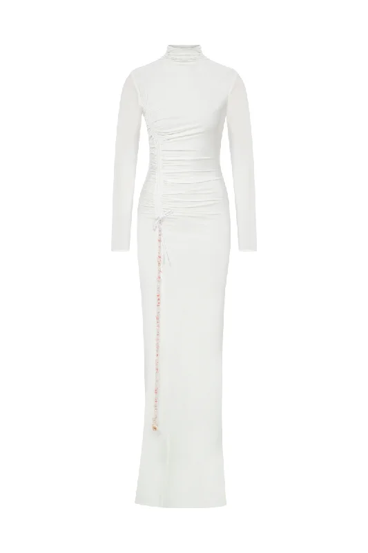 JERSEY MAXI DRESS WITH STONE ACCESSORIES IN WHITE Trendy Fit-and-Flare Maxi Dress