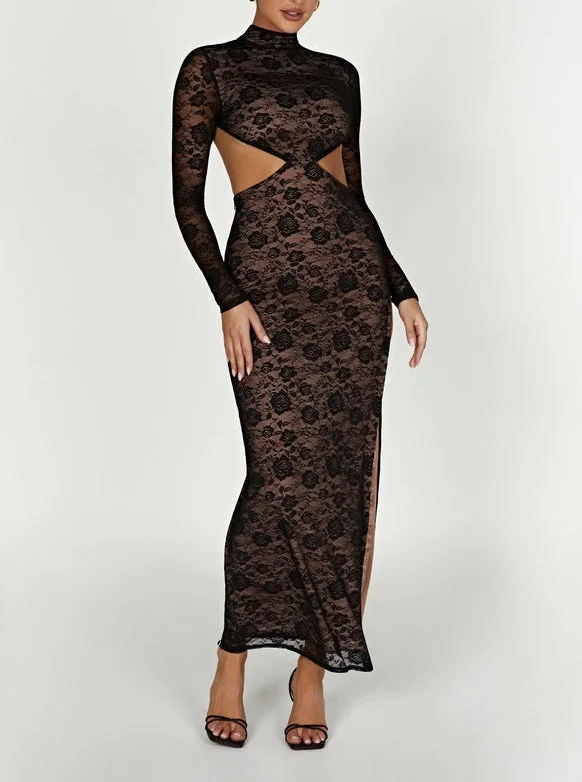 Juliet Lace Maxi Dress in Black Fashionable Asymmetrical Maxi Dress