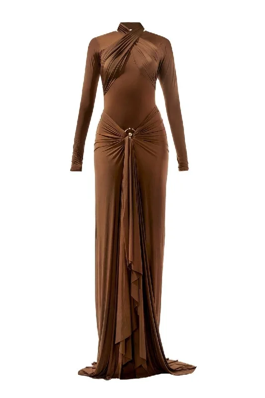 JUNE CHOCOLATE BROWN FITTED MAXI DRESS Trendy Short Sleeve Maxi Dress