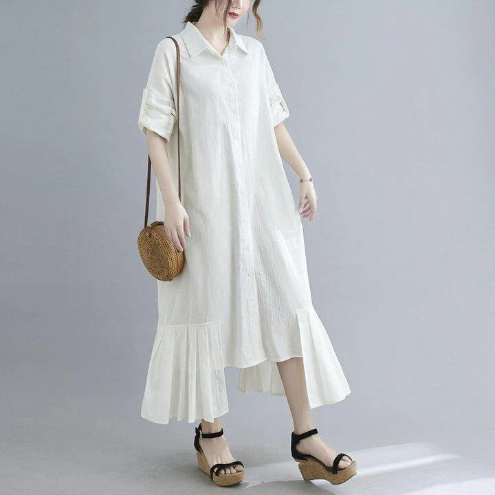 Lapel Cotton And Linen Long Maxi Dress Casual Maxi Dress with Pockets