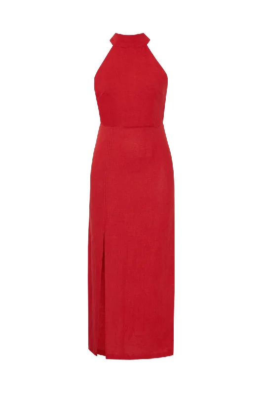 LAURA GOJI RED LINEN HALTER NECK MAXI DRESS Trendy Satin Maxi Dress