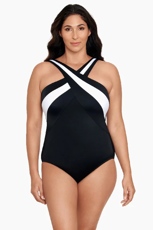 Crossover Inset Tank Long Torso One Piece Swimsuit Private Party Sleek Mesh Bikini