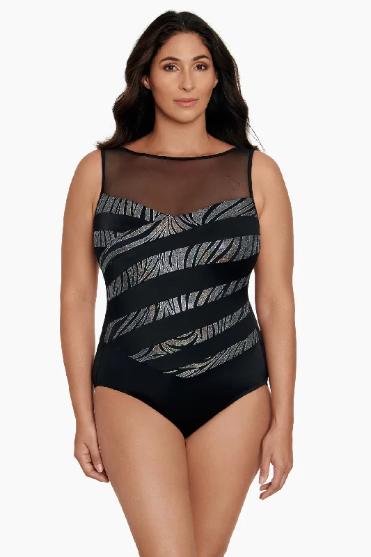 Mesh Highneck Long Torso One Piece Swimsuit Party Animal Push-Up Swimsuit Top