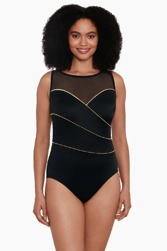 Mesh Highneck Long Torso One Piece Swimsuit Piping The Wave Elegant Ruffled Bikini