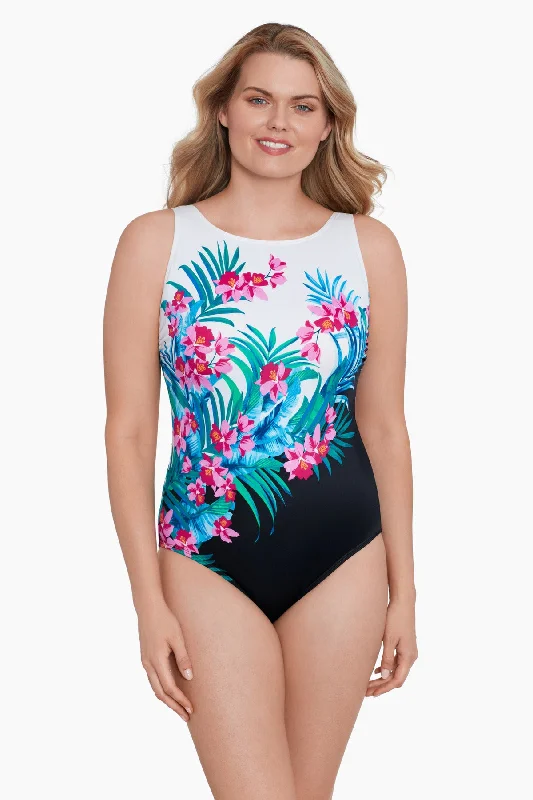 Panel Scoopback Long Torso Highneck Swimsuit Fiji Isle Tropical Print Bikini