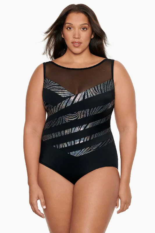 Plus Size Mesh Highneck Long Torso One Piece Swimsuit Party Animal Mesh Detail Bikini