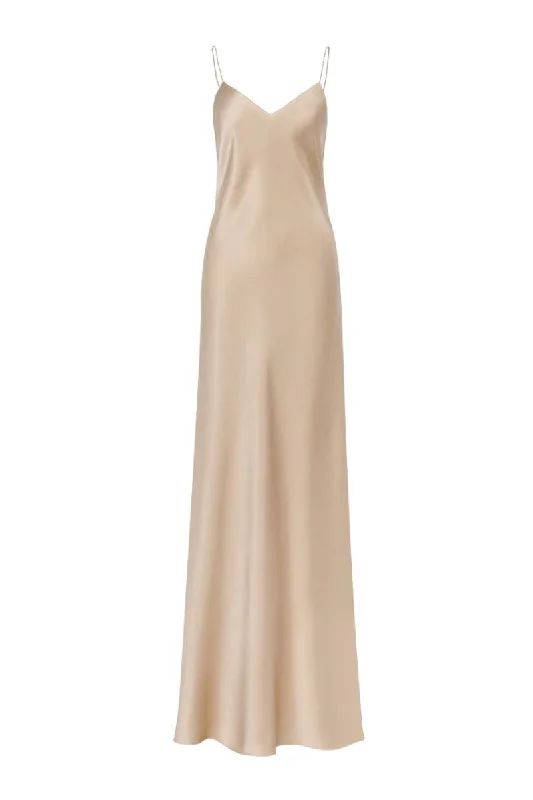 LYNA PEARL-BEIGE V-NECK SILK SATIN MAXI DRESS Chic Button-Up Maxi Dress