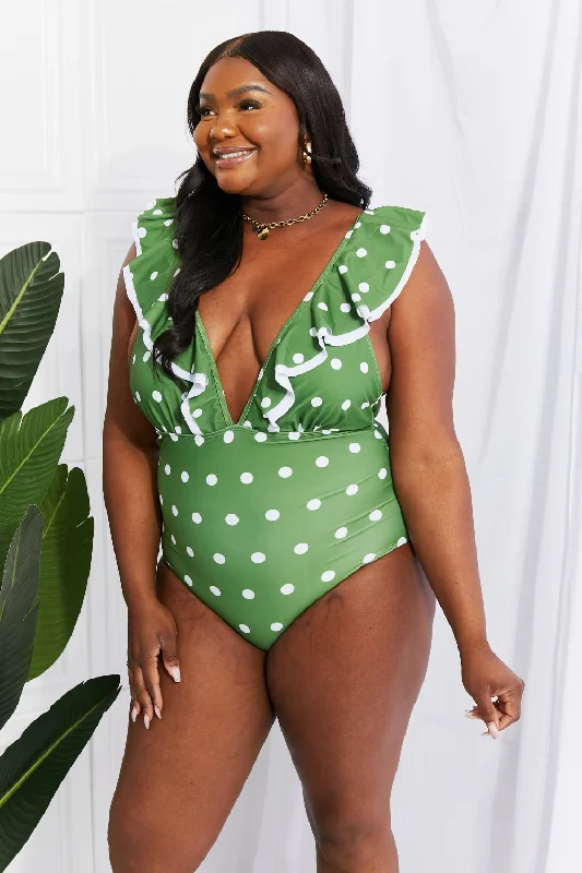 Marina West Swim Moonlit Dip Ruffle Plunge Swimsuit in Mid Green High-Waist Bikini Set