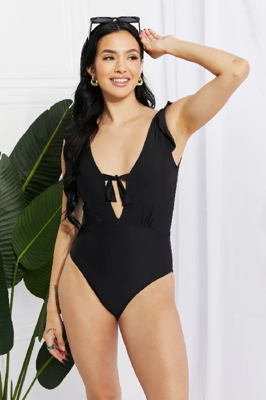 Marina West Swim Seashell Ruffle Sleeve One-Piece in Black Classic Monokini Design