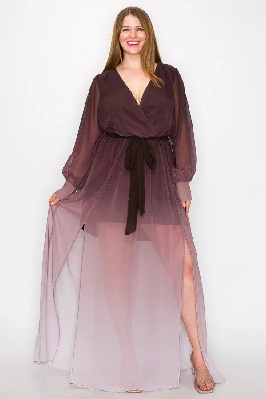 Ombre Chiffon Wrap Front Long Sleeve Tie Waist Slit Front Maxi Dress Fashionable Maxi Dress with Fringe