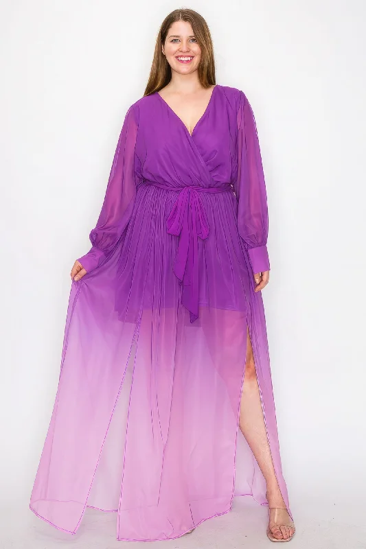 Ombre Chiffon Wrap Front Long Sleeve Tie Waist Slit Front Maxi Dress Comfortable Bohemian Maxi Dress