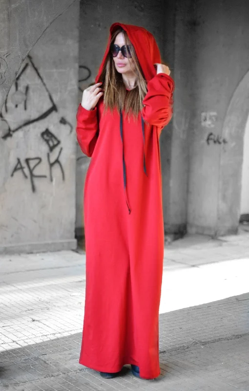 Autumn Red Hooded  Maxi Dress IREN Comfortable Fit-and-Flare Maxi Dress