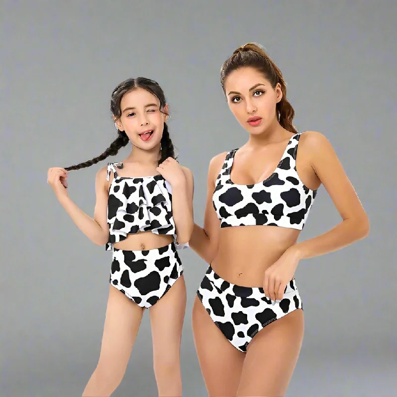 Modern Cow Print Tankini Swimsuit Set for Mother and Daughter  Stylish High-Waisted Swimwear with Ruffle Detail Classic Two-Piece Bikini