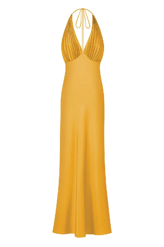 MS. PLEAT MAXI DRESS IN YELLOW MUSTARD Trendy Maxi Dress with Bow