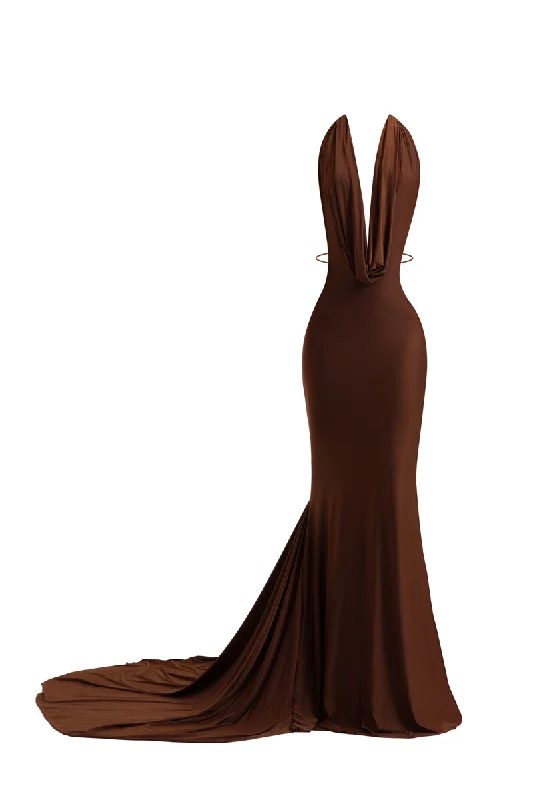 NINAH CHOCOLATE BROWN MAXI DRESS Comfortable Fit-and-Flare Maxi Dress