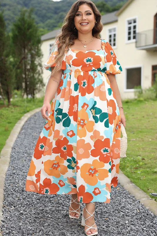 Blue Zone Planet |  Orange Plus Size Flower Print Shirred Square Neck Maxi Dress Fashionable Button-Down Maxi Dress