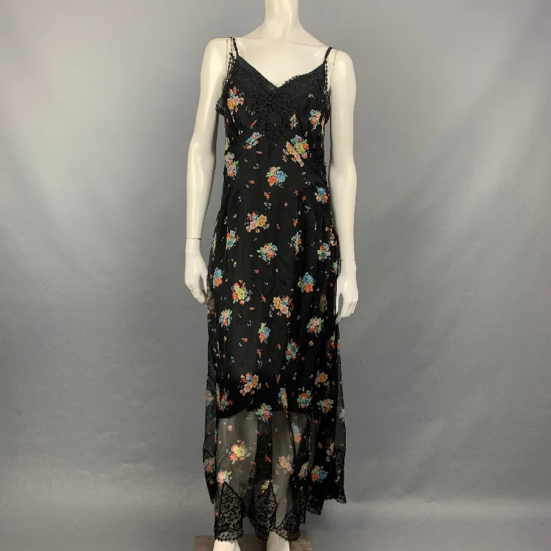 PACO RABANNE Size 4 Black Floral Lace Silk Maxi Dress Comfortable Maxi Dress with Slits