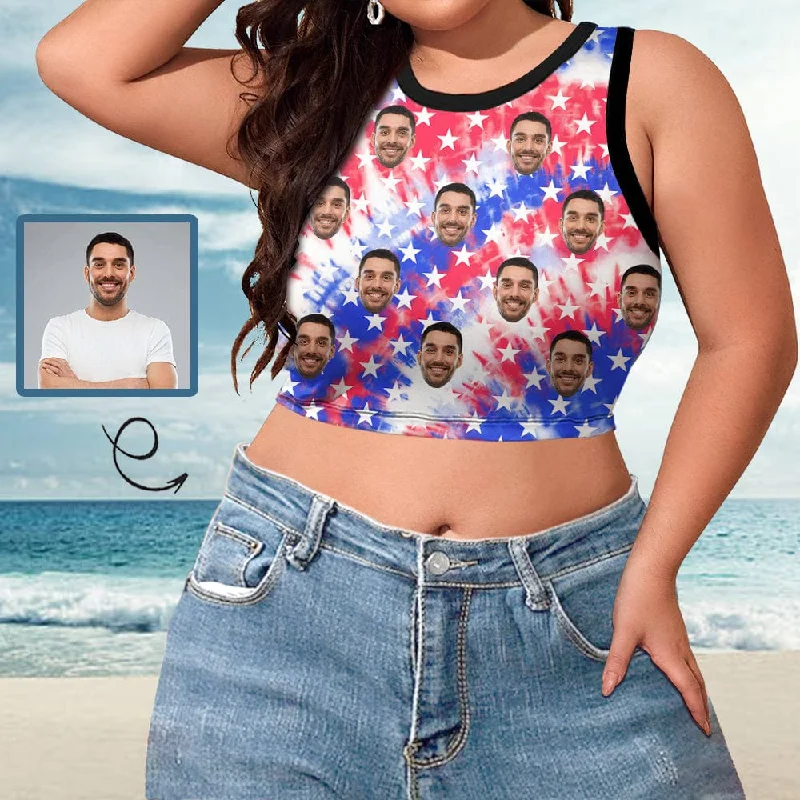 Personalized Tank Top with Custom Face Stars Women's High Neck Crop Top Swimsuits Bustier Tie-Back Swimwear