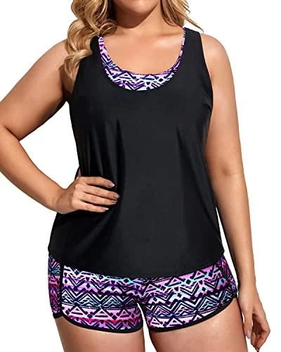 Plus Size 3 Piece Tankini Swimming Set With Sports Bra And Boardshorts-Black And Tribal Purple Comfortable Swim Shorts