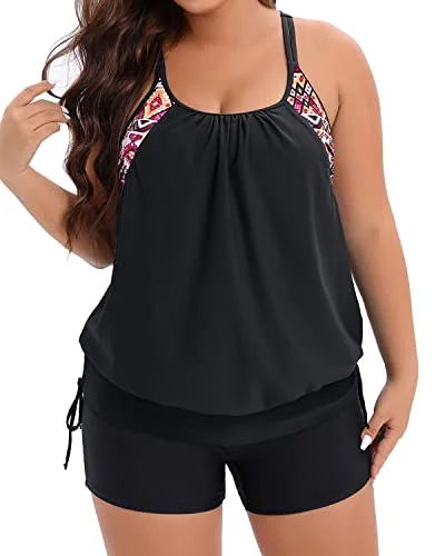 Plus Size Bathing Suit Blouson Tankini Top With Boy Shorts-Black Floral Print Swimsuit