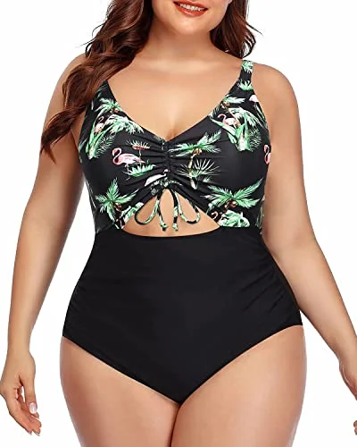 Ruched Tummy Control Large Size Swimwear-Black Palm Tree Strapless Swimsuit Top