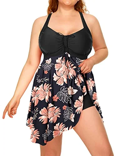 Plus Size Two Piece Swimdress with Boyshorts for Women Flowy Swimsuits Timeless Black Bikini