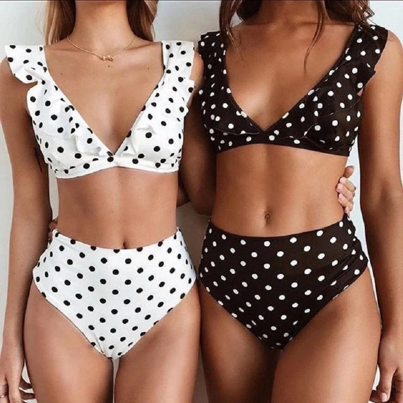 Libiyi-Polka Dot V Neck Swimsuit Lace Back Bikini