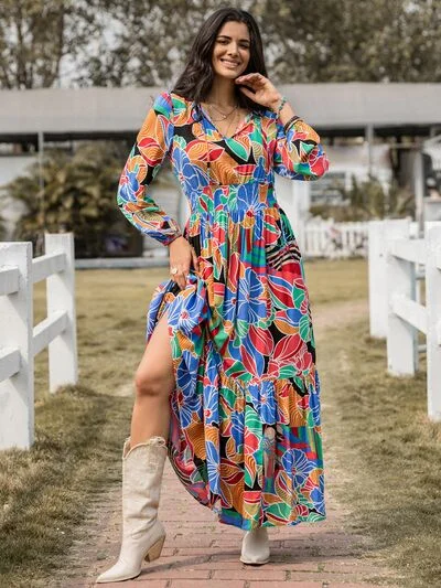 Printed Smocked Tie Neck Balloon Sleeve Maxi Dress Trendy Maxi Dress with Lace