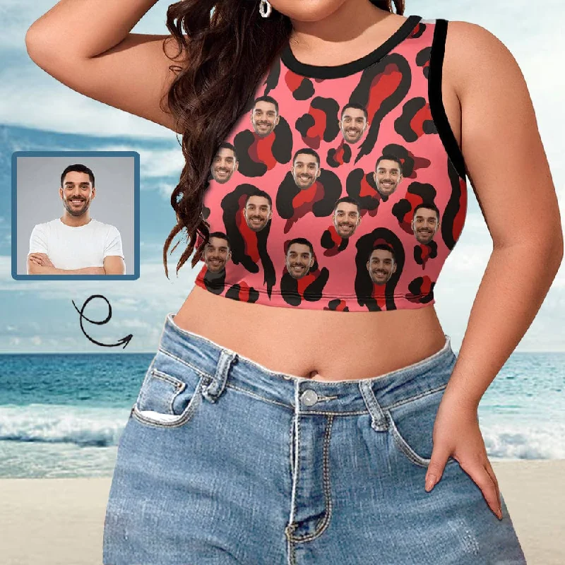 Put Face on Tank Top for Women Custom Red Leopard High Neck Crop Top Swimsuits Bustier Modern High-Waisted Swimsuit