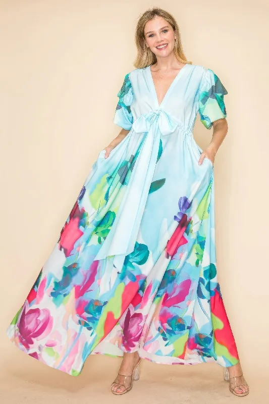 Printed V Neck Maxi Dress Elegant Maxi Dress with Pockets