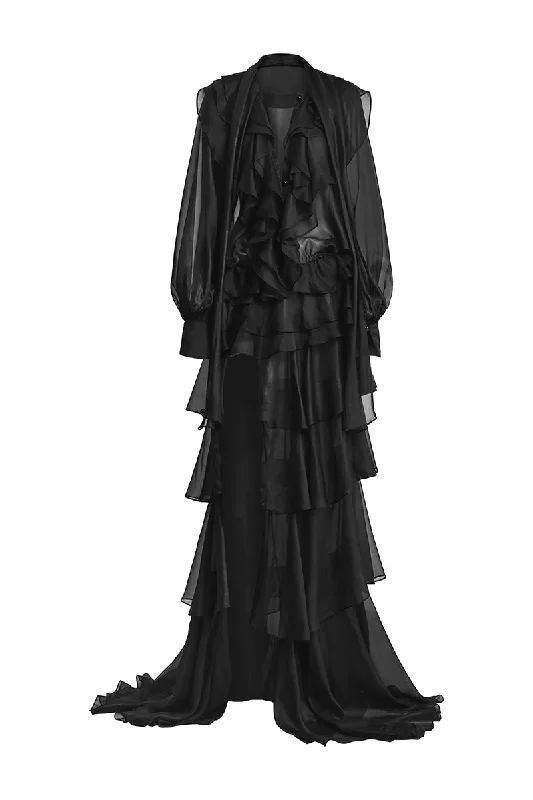 RAVEN LUXE RUFFLES MAXI DRESS IN BLACK Elegant Maxi Dress with Slit