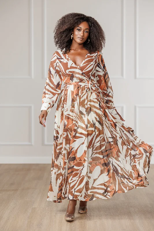 FINAL SALE - Salma Chiffon Surplice Maxi Dress - Brown Stylish A-Line Maxi Dress