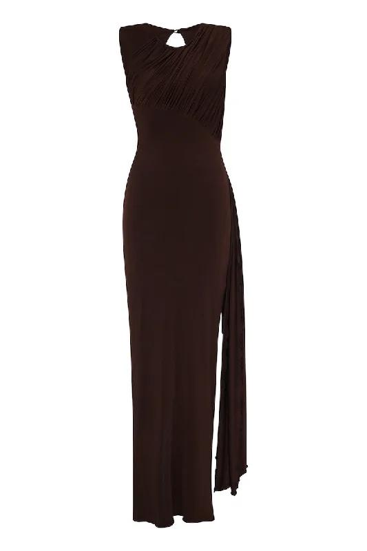 SETAS BROWN MAXI DRESS Fashionable Open-Back Maxi Dress