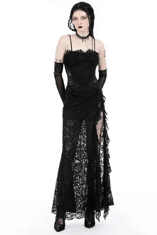 Sexy Sheer Black Lace Maxi Dress with Side Slit Cozy Spaghetti Strap Maxi Dress