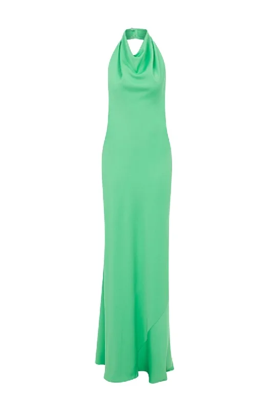 SOFIA COWL NECK BIAS CUT MAXI DRESS Trendy Off-Shoulder Ruffle Maxi Dress