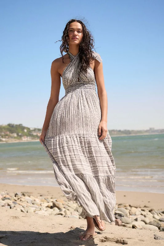 Soul Journey Striped Cross-Front Halter Maxi Dress Elegant Tiered Maxi Dress