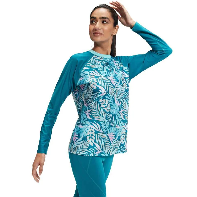 Speedo Womens Printed LS Swim Tee Green Vintage Swimwear Look
