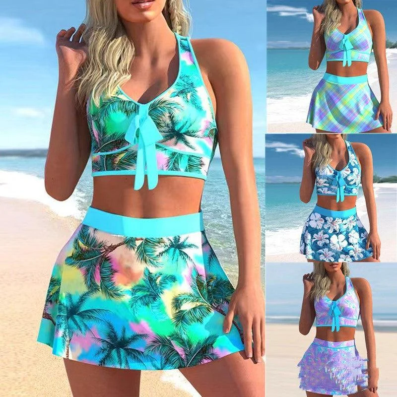 Split Swimwear Skirt Conservative Large Print Push-Up Swimsuit Top