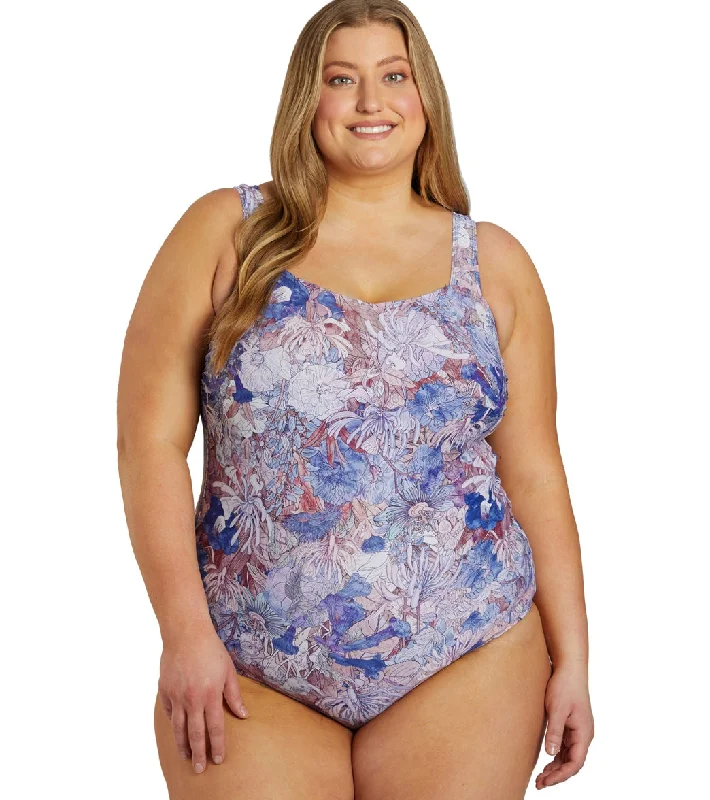 Sporti Plus Size Jungle Floral Moderate Printed Sweetheart One Piece Swimsuit Mushroom Sporty Swim Shorts