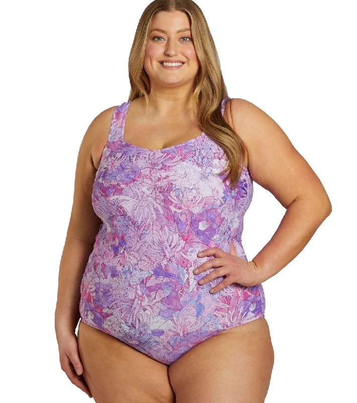 Sporti Plus Size Jungle Floral Moderate Printed Sweetheart One Piece Swimsuit Violet Floral Print Swimsuit