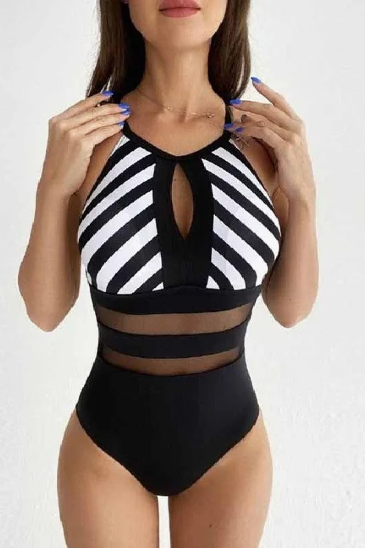 Striped Backless One-Piece Swimsuit Elegant Swim Dress