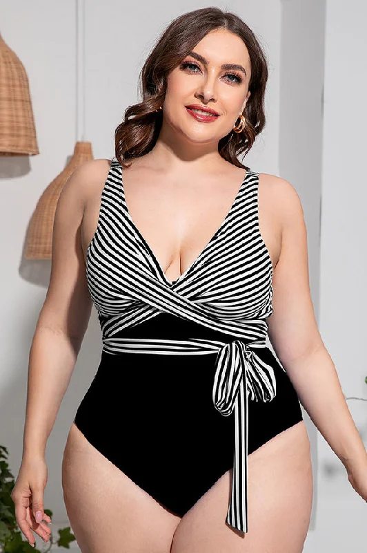 Striped Tie Waist One Piece Swimsuit Full Coverage Swimsuit