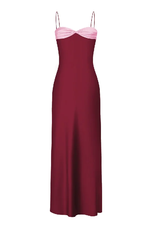 SWAN SLIP MAXI DRESS IN BURGUNDY AND PINK Stylish Boho Maxi Dress